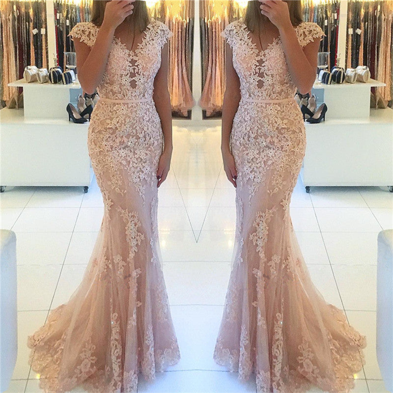 Cap Sleeves Lace Tulle Pink Evening Dress | Mermaid Party Dresses