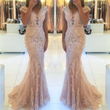 Cap Sleeves Lace Tulle Pink Evening Dress | Mermaid Party Dresses