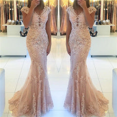 Cap Sleeves Lace Tulle Pink Evening Dress | Mermaid Party Dresses