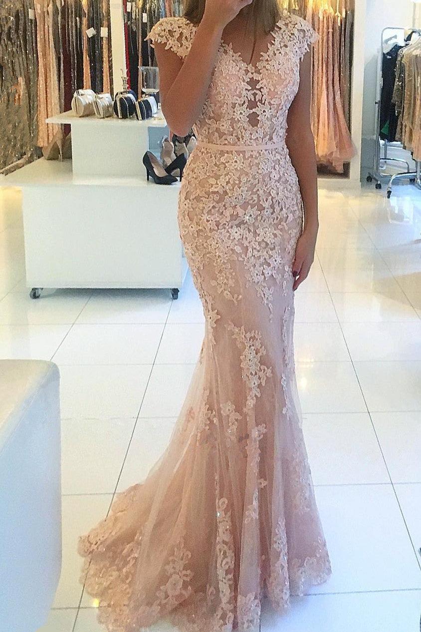 Cap Sleeves Lace Tulle Pink Evening Dress | Mermaid Party Dresses