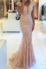 Cap Sleeves Lace Tulle Pink Evening Dress | Mermaid Party Dresses