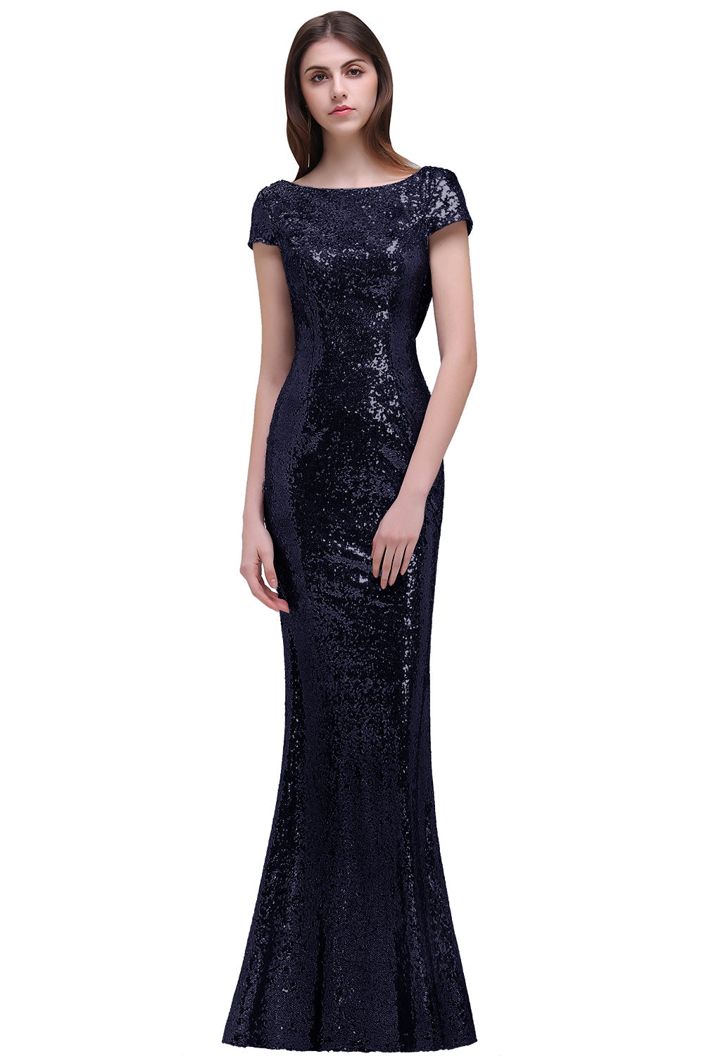 Cap Sleeves Scoop Sequins Mermaid Prom Dress With Dropped Back