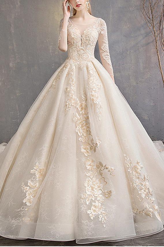 Casual Plus Size A-Line Wedding Dress Jewel Lace Tulle 3/4 Sleeve Bridal Gowns