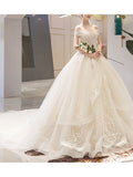 Casual Plus Size A-Line Wedding Dresses Off Shoulder Lace Sleeveless Bridal Gowns with Court Train