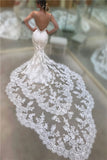 Vestidos de novia sin espalda de tren de encaje de catedral con cuello en V correas de espagueti vestidos de novia de vaina