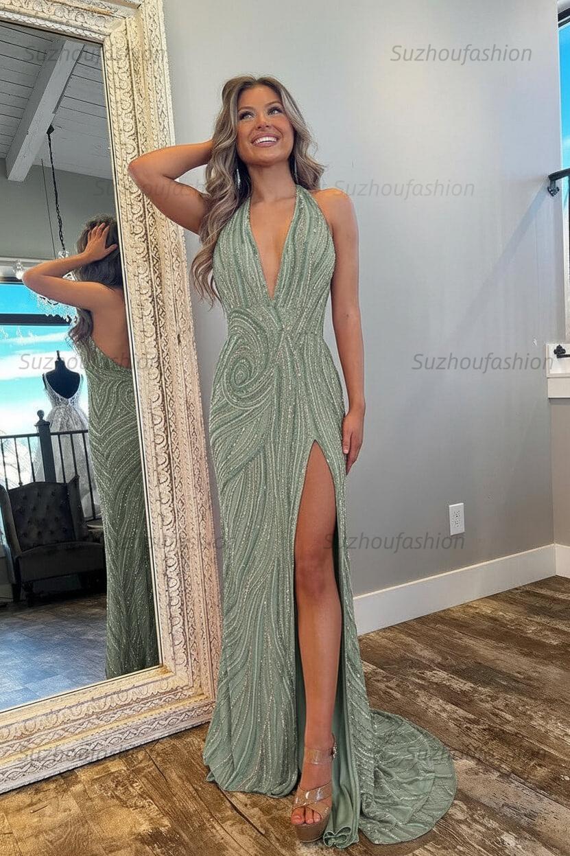 celadon prom dress Celadon Prom Dress Sparkly Trumpet/Mermaid Spaghetti Straps Long Prom Dress With High Slit