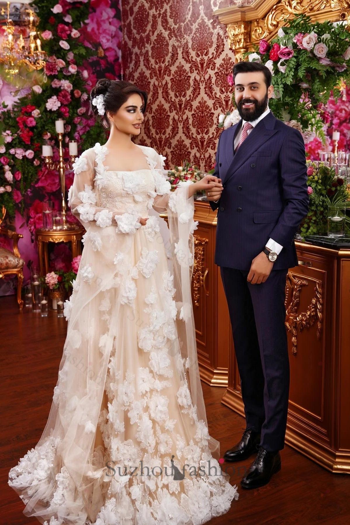 Champagne Beach Wedding Dress A Line Square Beaded Illusion Sleeves Sequined Long Tulle Bridal Gown With 3D Flowers