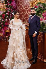 Champagne Beach Wedding Dress A Line Square Beaded Illusion Sleeves Sequined Long Tulle Bridal Gown With 3D Flowers