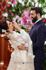 Champagne Beach Wedding Dress A Line Square Beaded Illusion Sleeves Sequined Long Tulle Bridal Gown With 3D Flowers