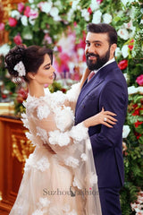 Champagne Beach Wedding Dress A Line Square Beaded Illusion Sleeves Sequined Long Tulle Bridal Gown With 3D Flowers