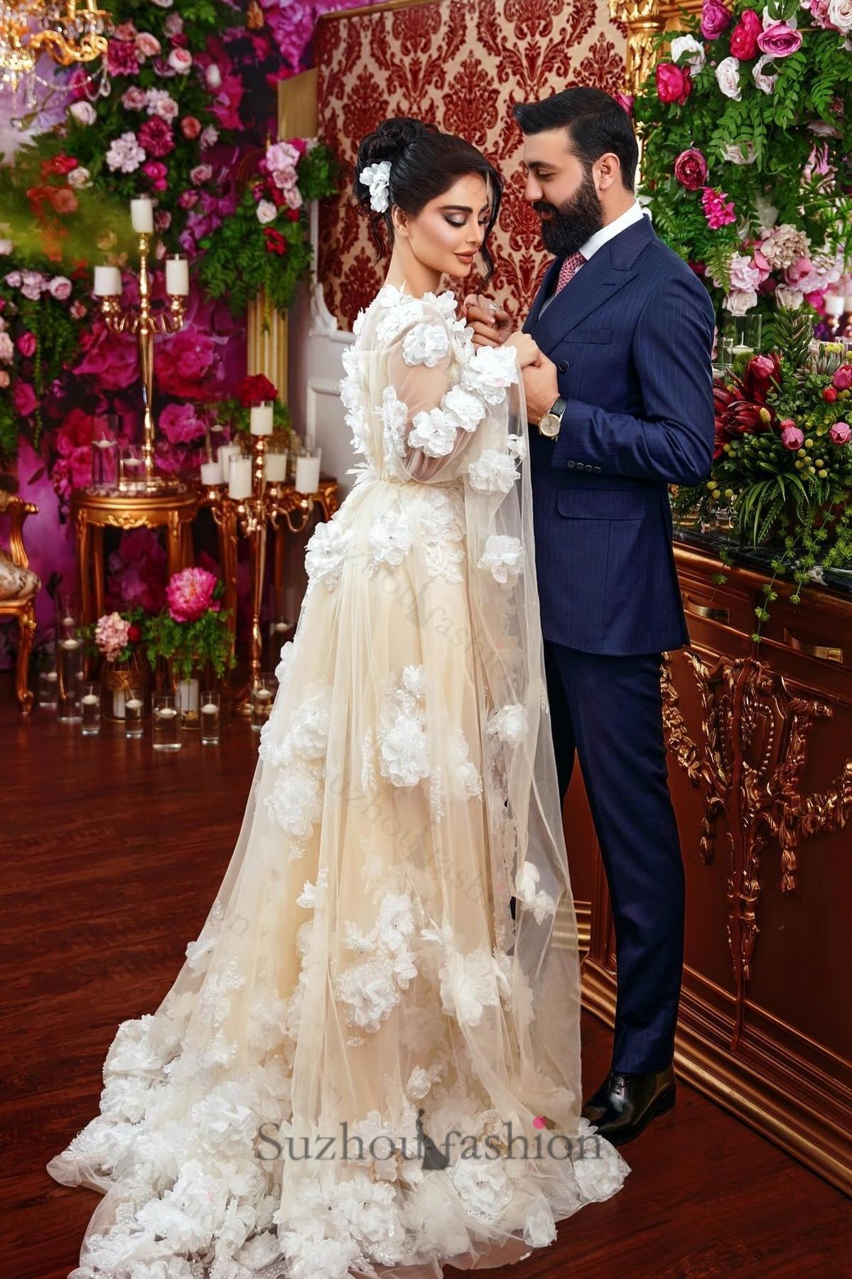 Champagne Beach Wedding Dress A Line Square Beaded Illusion Sleeves Sequined Long Tulle Bridal Gown With 3D Flowers