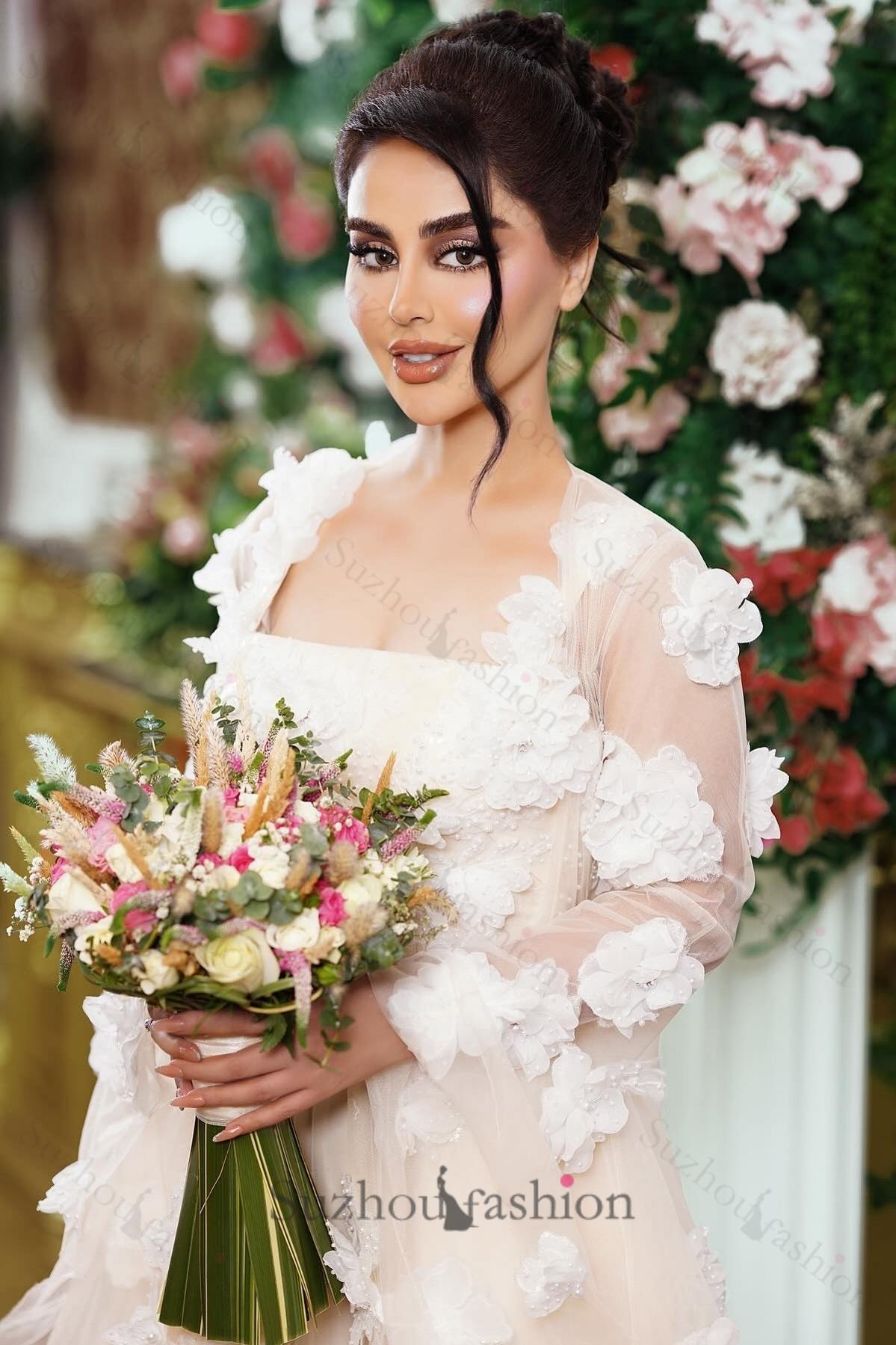 Champagne Beach Wedding Dress A Line Square Beaded Illusion Sleeves Sequined Long Tulle Bridal Gown With 3D Flowers