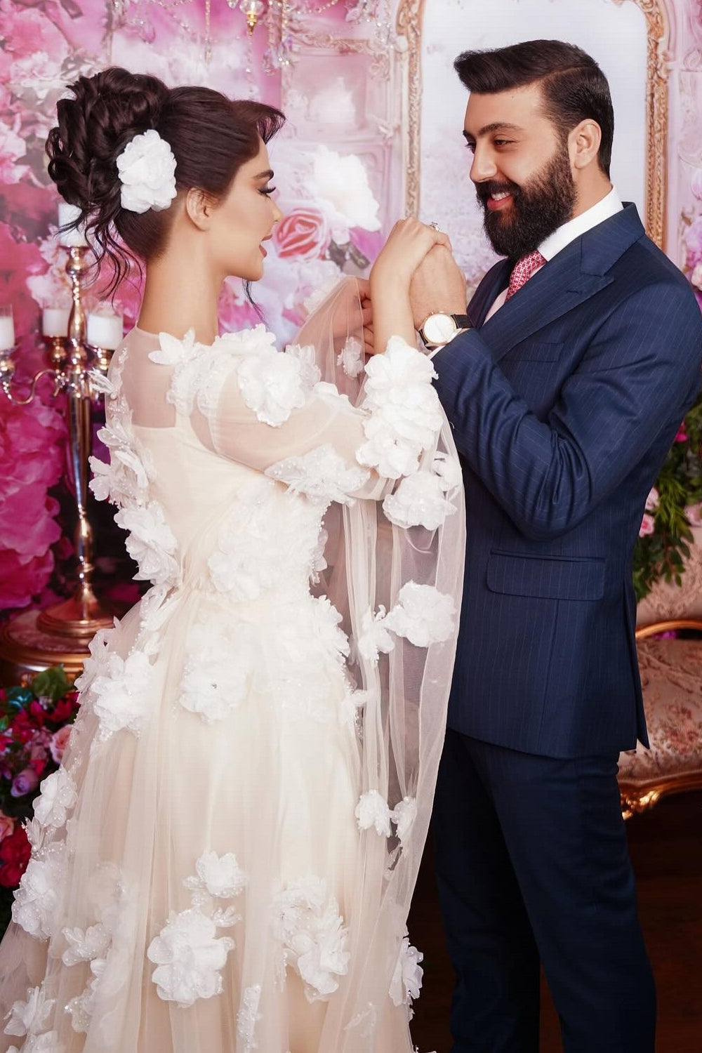 Champagne Beach Wedding Dress A Line Square Beaded Illusion Sleeves Sequined Long Tulle Bridal Gown With 3D Flowers