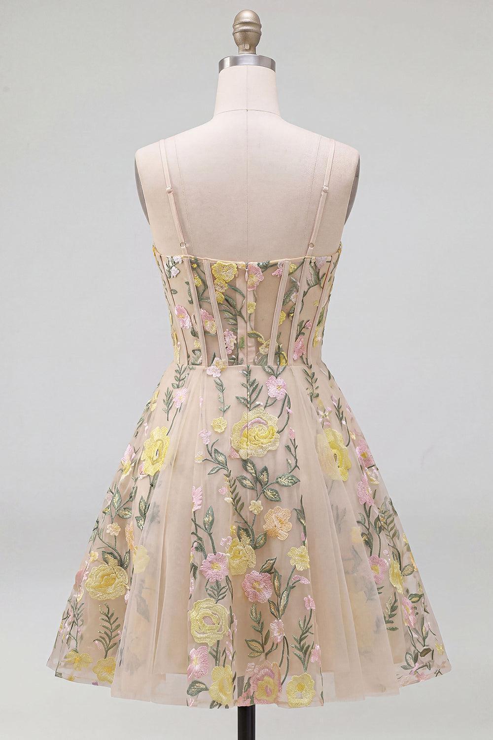 Champagne Floral Spaghetti Straps A-Line Corset Short Homecoming Dress