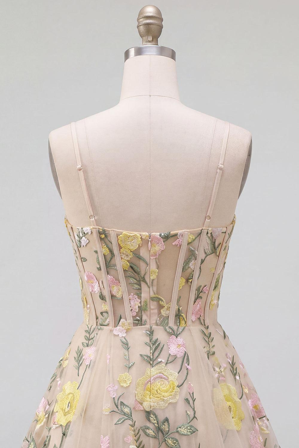 Champagne Floral Spaghetti Straps A-Line Corset Short Homecoming Dress