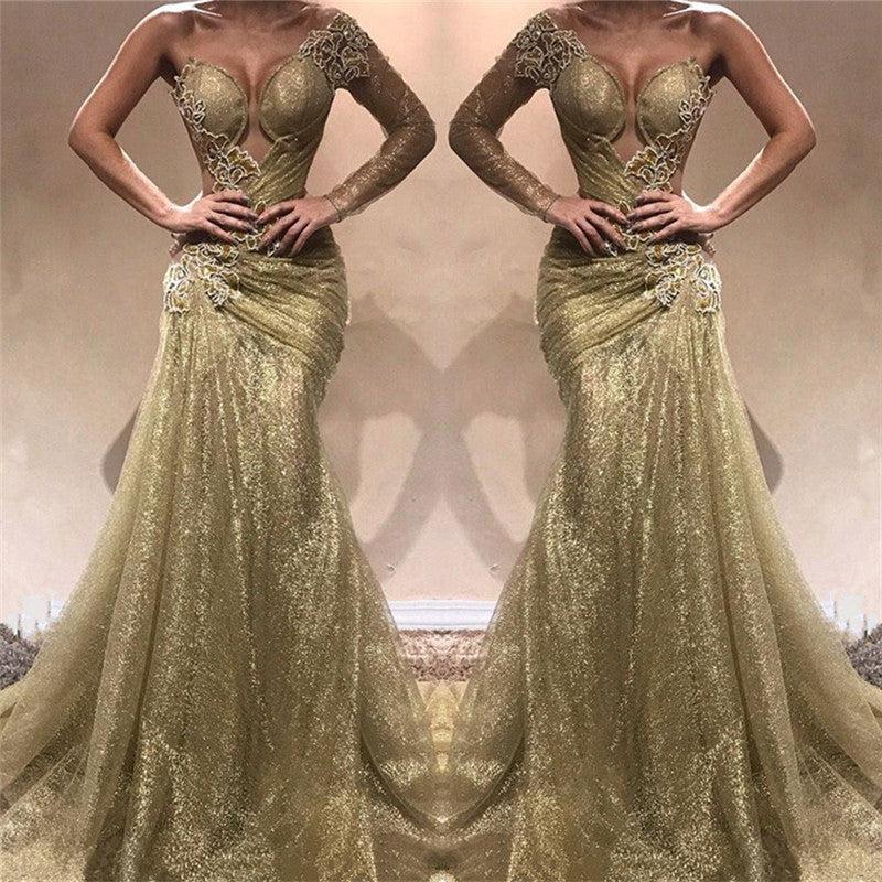 Champagne Gold One Sleeve Sexy Prom Dresses | Appliques Ruffles Evening Gowns