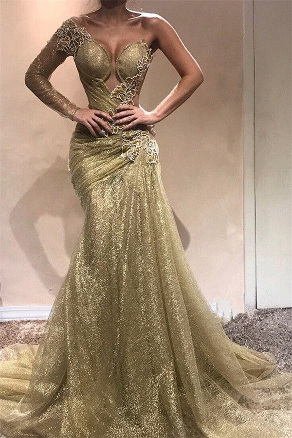Champagne Gold One Sleeve Sexy Prom Dresses | Appliques Ruffles Evening Gowns
