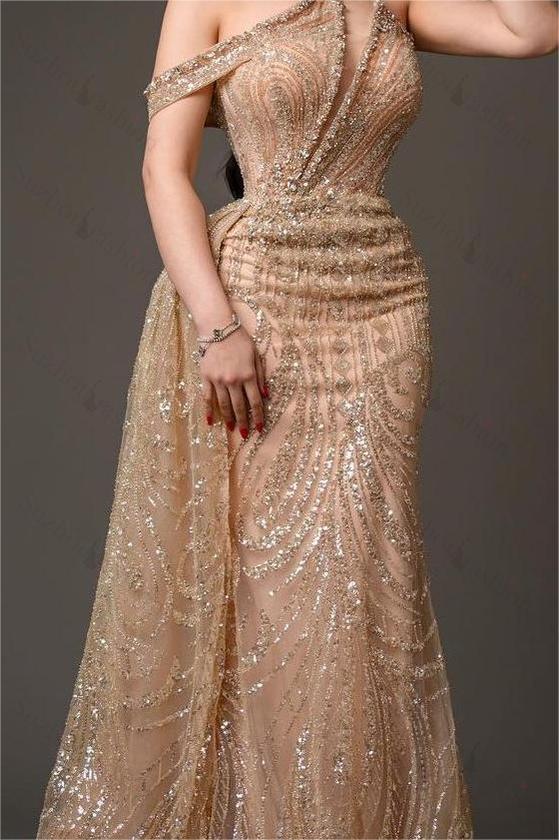 Champagne Gold Prom Dress One Shoulder Sleeveless Evening Formal Dress With Bead Embroidery