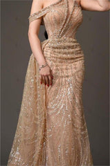 Champagne Gold Prom Dress One Shoulder Sleeveless Evening Formal Dress With Bead Embroidery