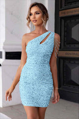 Champagne Gold Sequins One Shoulder Sleeveless Short Homecoming Dress With Beadings