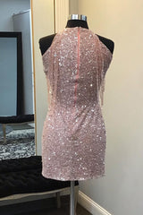 Champagne Homecoming Dress Sequin Round Neck Tight Short Prom Dress with Fringes