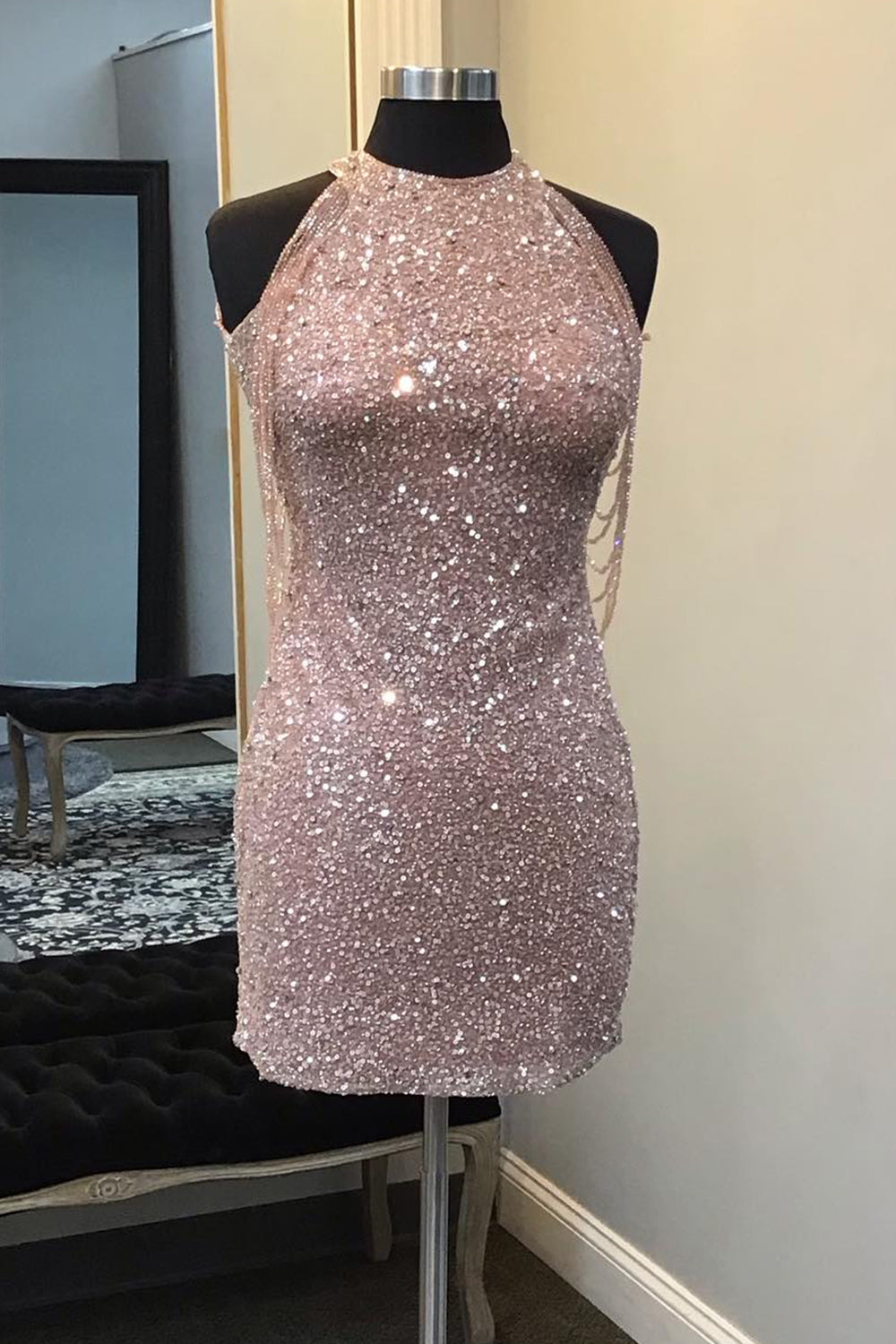 Champagne Homecoming Dress Sequin Round Neck Tight Short Prom Dress with Fringes