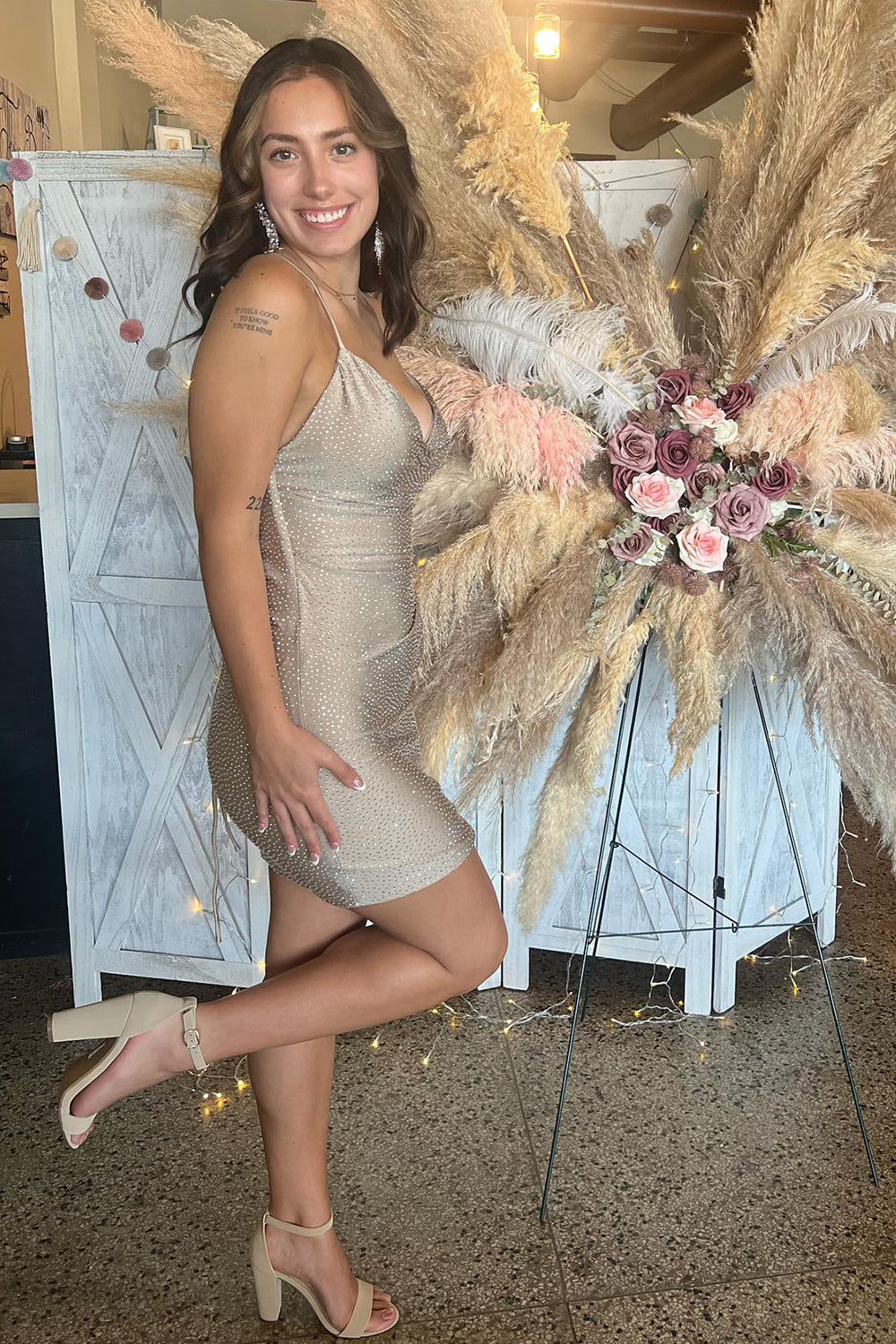 Champagne Homecoming Dresses Beaded Tight Short Cocktail Dresses