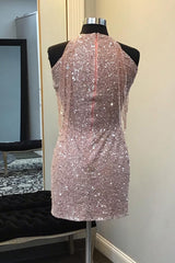 Champagne Homecoming Dresses Sequin Round Neck Tight Short Cocktail Dresses with Fringes