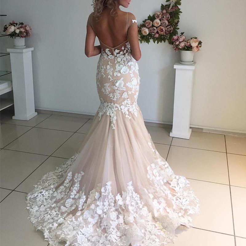 Champagne Pink Lace Appliques Wedding Dresses | Short Sleeves Mermaid Backless Bridal Dress