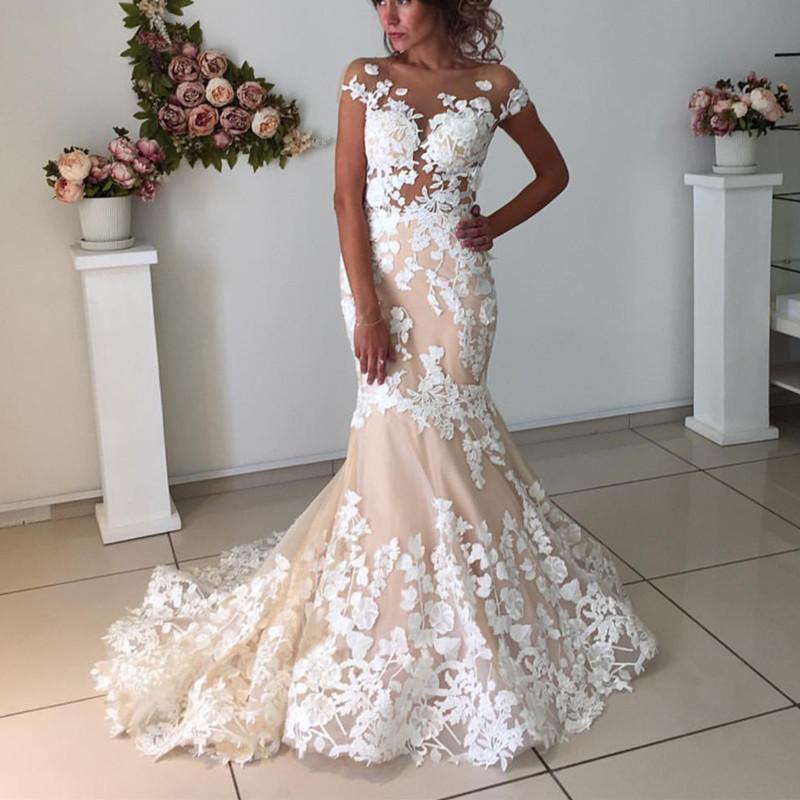 Champagne Pink Lace Appliques Wedding Dresses | Short Sleeves Mermaid Backless Bridal Dress Champagne Pink Lace Appliques Wedding Dresses | Short Sleeves Mermaid Backless Bridal Dress