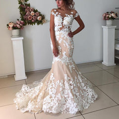Champagne Pink Lace Appliques Wedding Dresses | Short Sleeves Mermaid Backless Bridal Dress