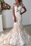 Champagne Pink Lace Appliques Wedding Dresses  | Short Sleeves Mermaid Backless Bridal Dress