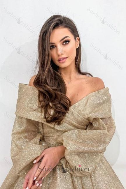 Champagne Prom Dress A Line Off The Shoulder Sleeves Formal Dress With Glitter