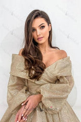Champagne Prom Dress A Line Off The Shoulder Sleeves Formal Dress With Glitter