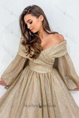 Champagne Prom Dress A Line Off The Shoulder Sleeves Formal Dress With Glitter