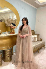 Champagne Prom Dress A Line V Neck Sequined Floor Length Tulle Formal Dress
