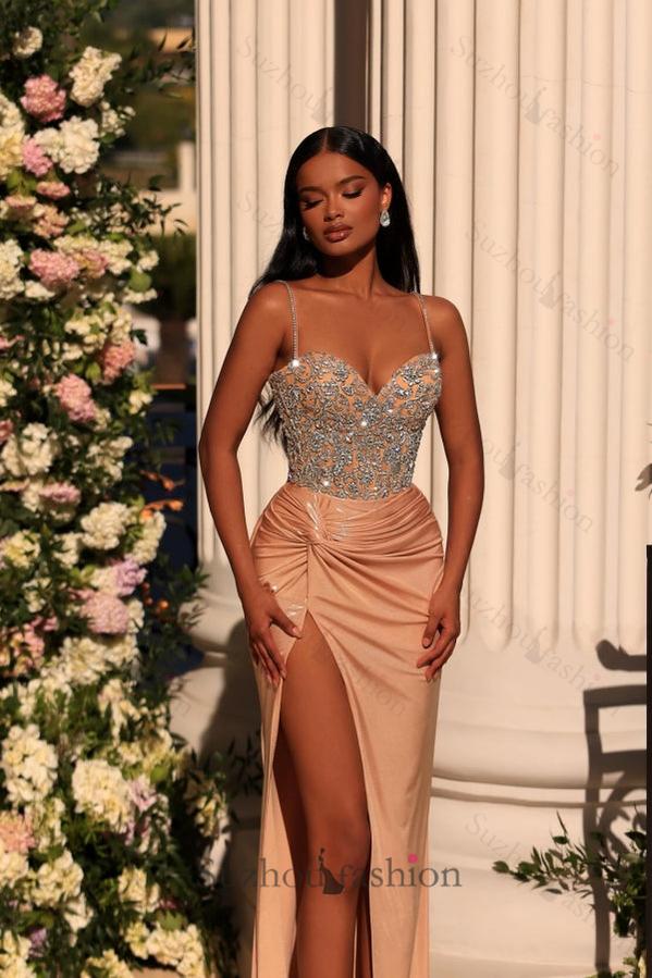 Champagne Prom Dress Column Spaghetti Straps Lace Rhinestones Formal D   suzhoufashion