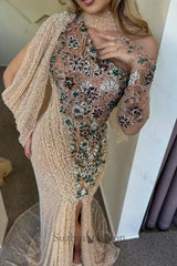 Champagne Prom Dress Mermaid One Shoulder Cap Sleeve Beaded Sequined Slit Tulle Formal Dress