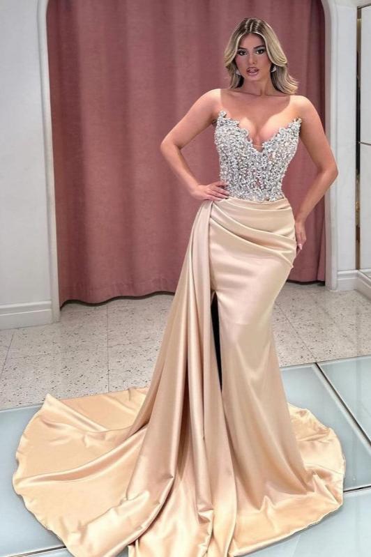 Champagne Prom Dress Mermaid Strapless Jewels Formal Dress – suzhoufashion