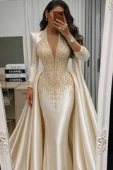 Champagne Satin Mermaid Prom Dress with Plunging V Neck and Beaded Fringe
