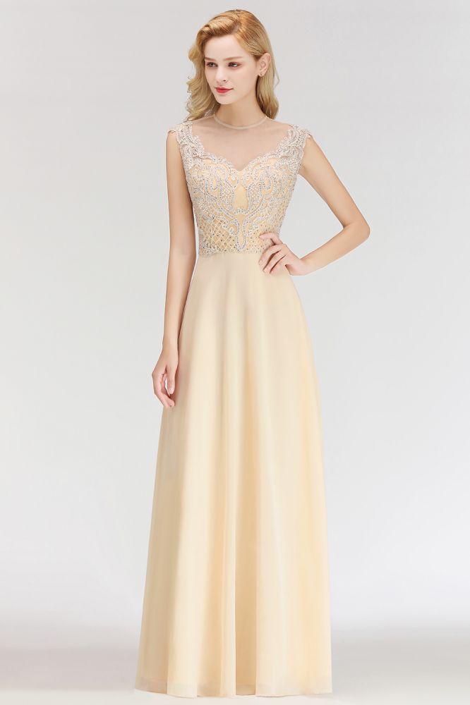 Champagne Sleeveless Elegant Crystal Bridesmaid Dresses Long Party Dress