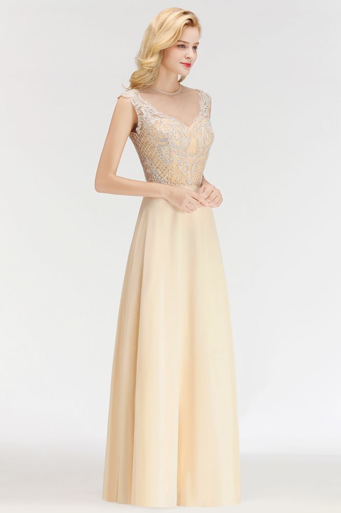Champagne Sleeveless Elegant Crystal Bridesmaid Dresses Long Party Dress