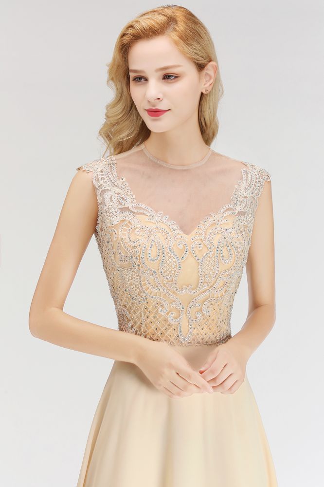Champagne Sleeveless Elegant Crystal Bridesmaid Dresses Long Party Dress