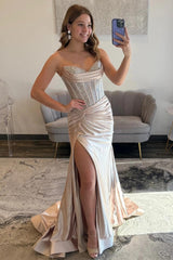 Champagne Sweetheart Beaded Top Satin Prom Dress With High Slit Formal Evening Gown