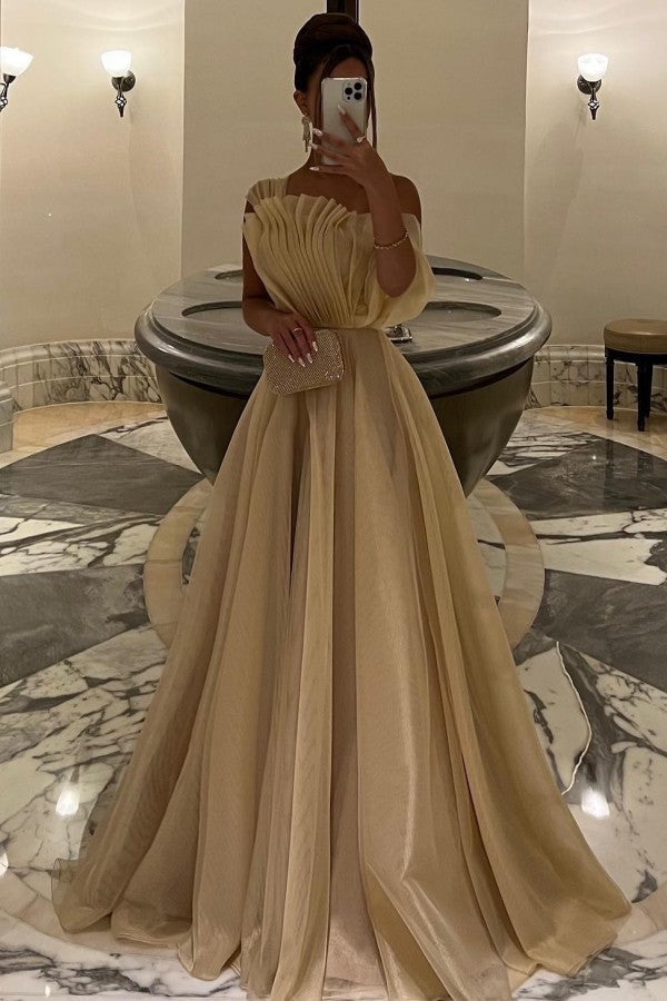 Champagne Tulle A Line Prom Dress with Fan Pleated Bodice and Bow Sleeve