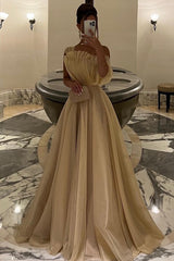 Champagne Tulle A Line Prom Dress with Fan Pleated Bodice and Bow Sleeve