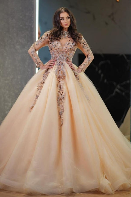 Champagne Wedding Dress Long Sleeves High Neck Beaded Ball Gown Tulle Bridal Gown With Rhinestone Champagne Wedding Dress Long Sleeves High Neck Beaded Ball Gown Tulle Bridal Gown With Rhinestone