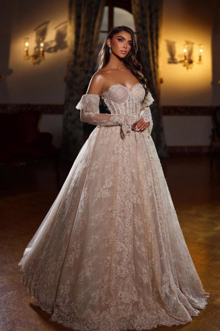 Champagne Wedding Dress Sweetheart Sleeveless Beaded Lace Princess Ball Gown Bridal Gown Champagne Wedding Dress Sweetheart Sleeveless Beaded Lace Princess Ball Gown Bridal Gown
