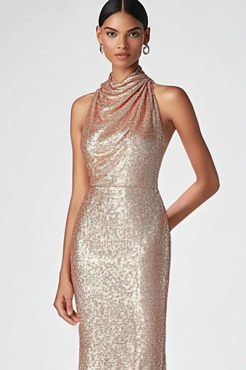 Champagne Wedding Guest Dress Halter Mermaid Long Formal Dress