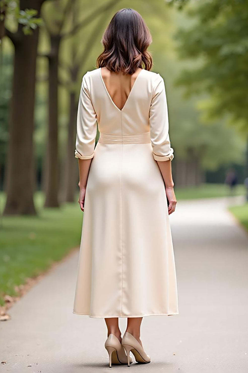Champagne Wedding Guest Dress V-Neck A Line Formal Dress With Long Sleeves